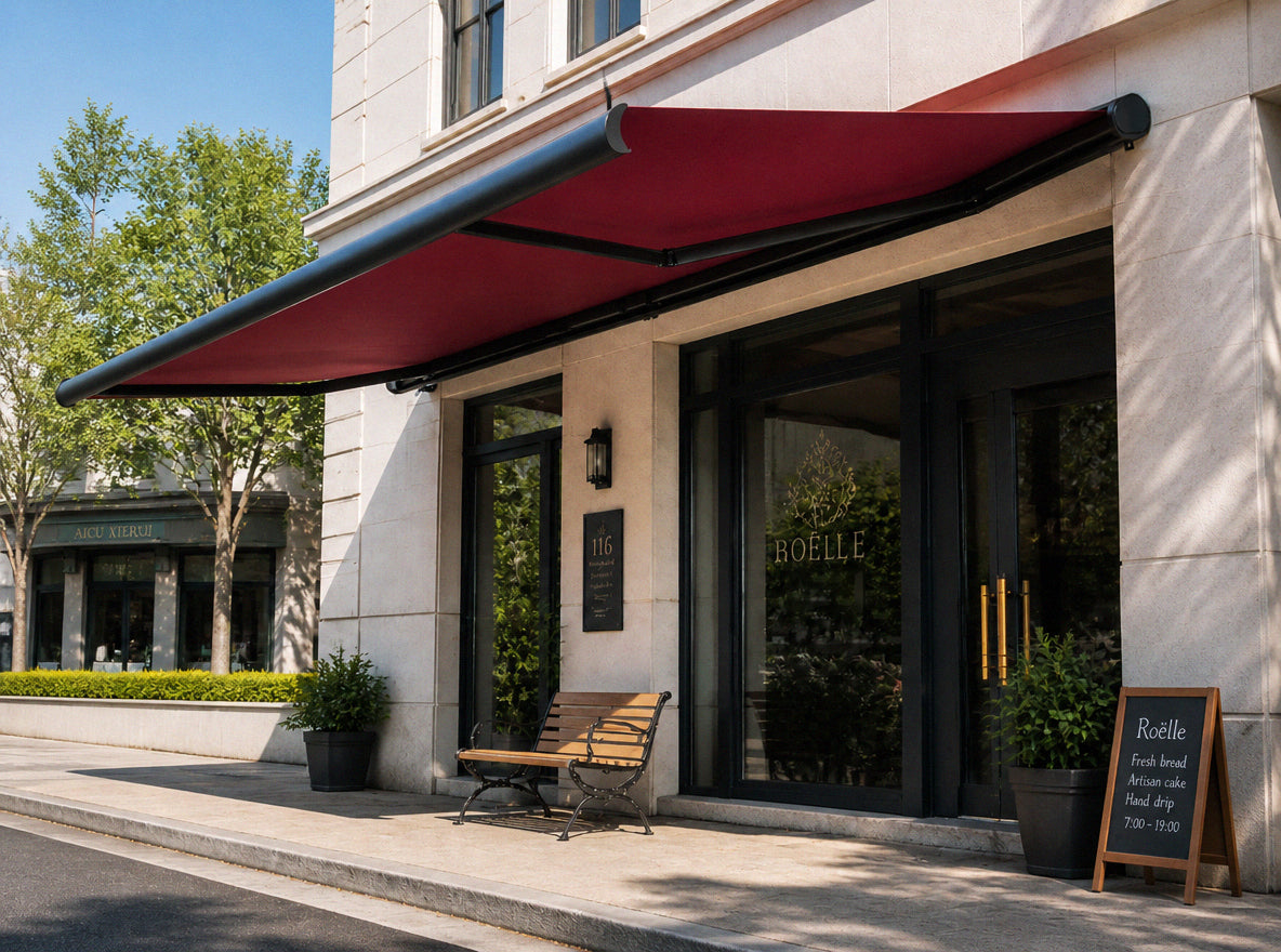 QHA full-cassette awning beside a poolside lounge
