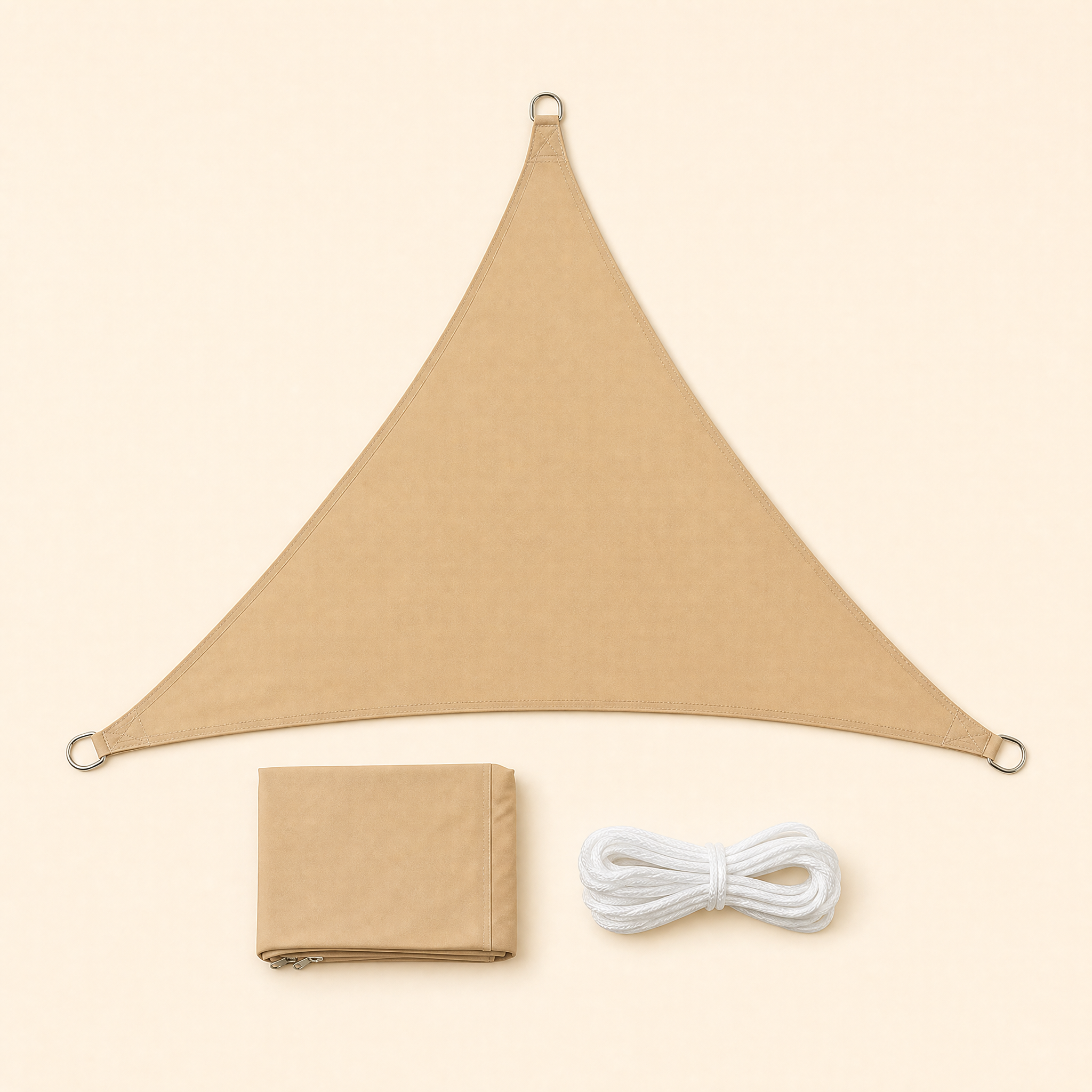Sand khaki triangular Oxford-fabric shade sail with storage bag and guy lines