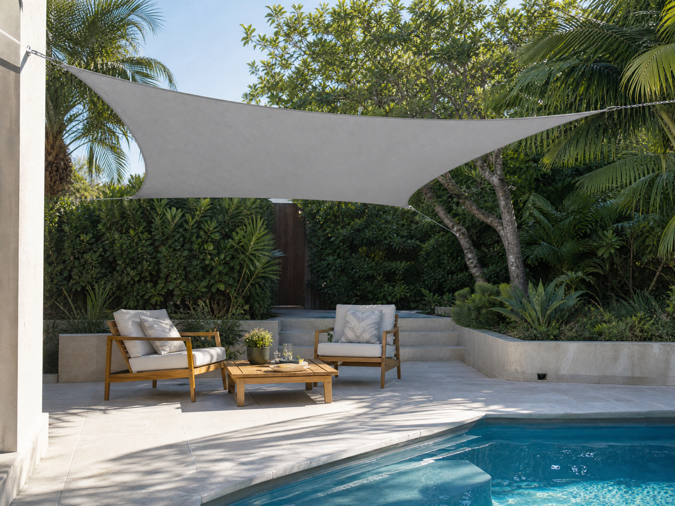 Gray square BESITSOL shade sail above poolside seating