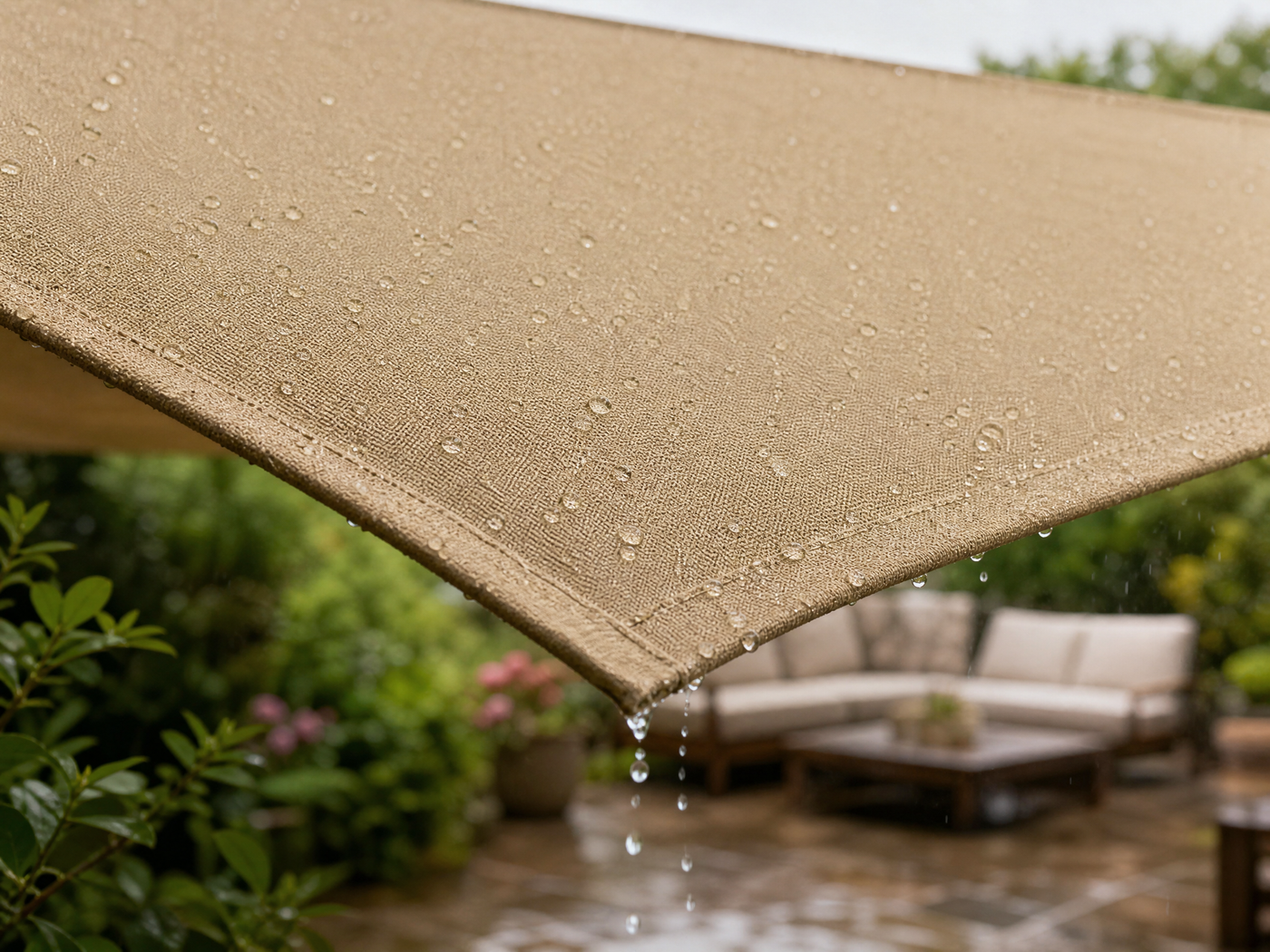 Light rain shedding from a sloped Oxford fabric shade sail