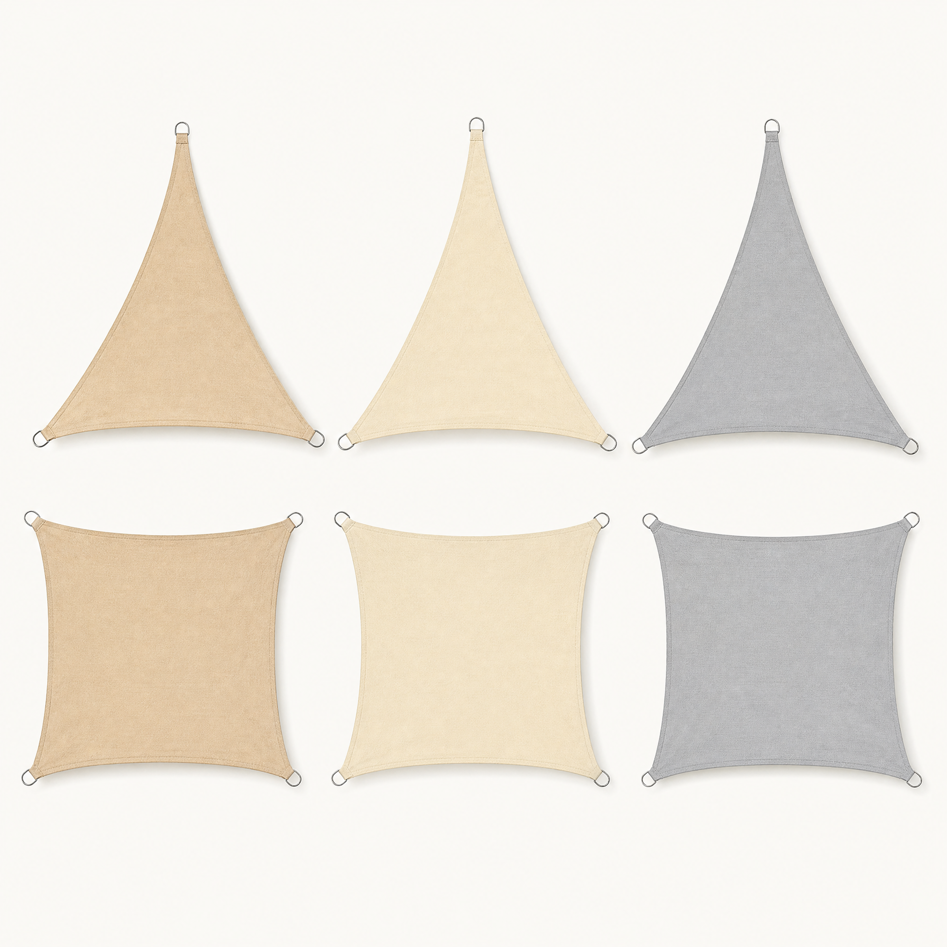 Triangle and rectangular shade sails in khaki ivory and gray