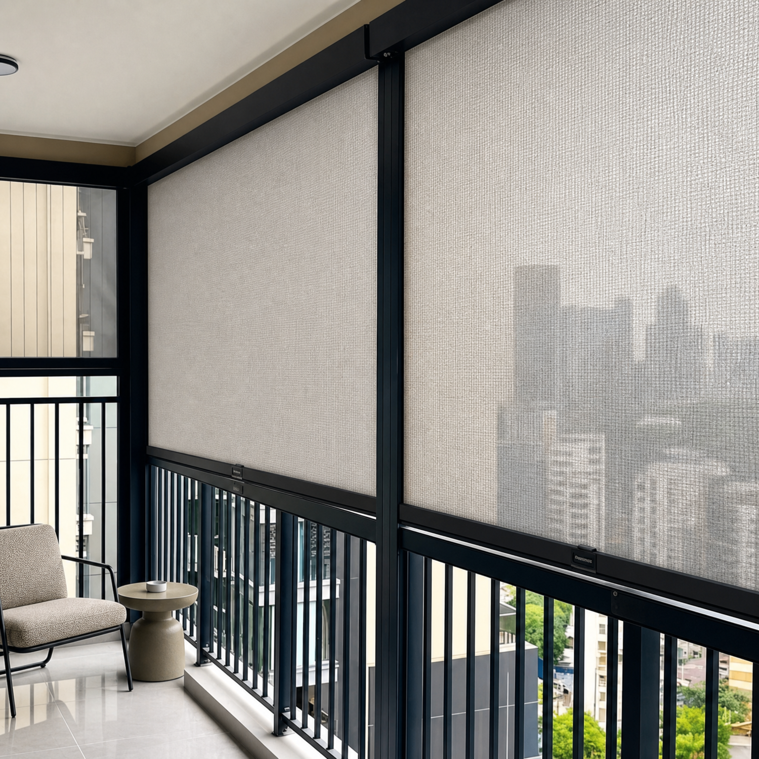 Motorized windproof roller shade installed on a residential balcony