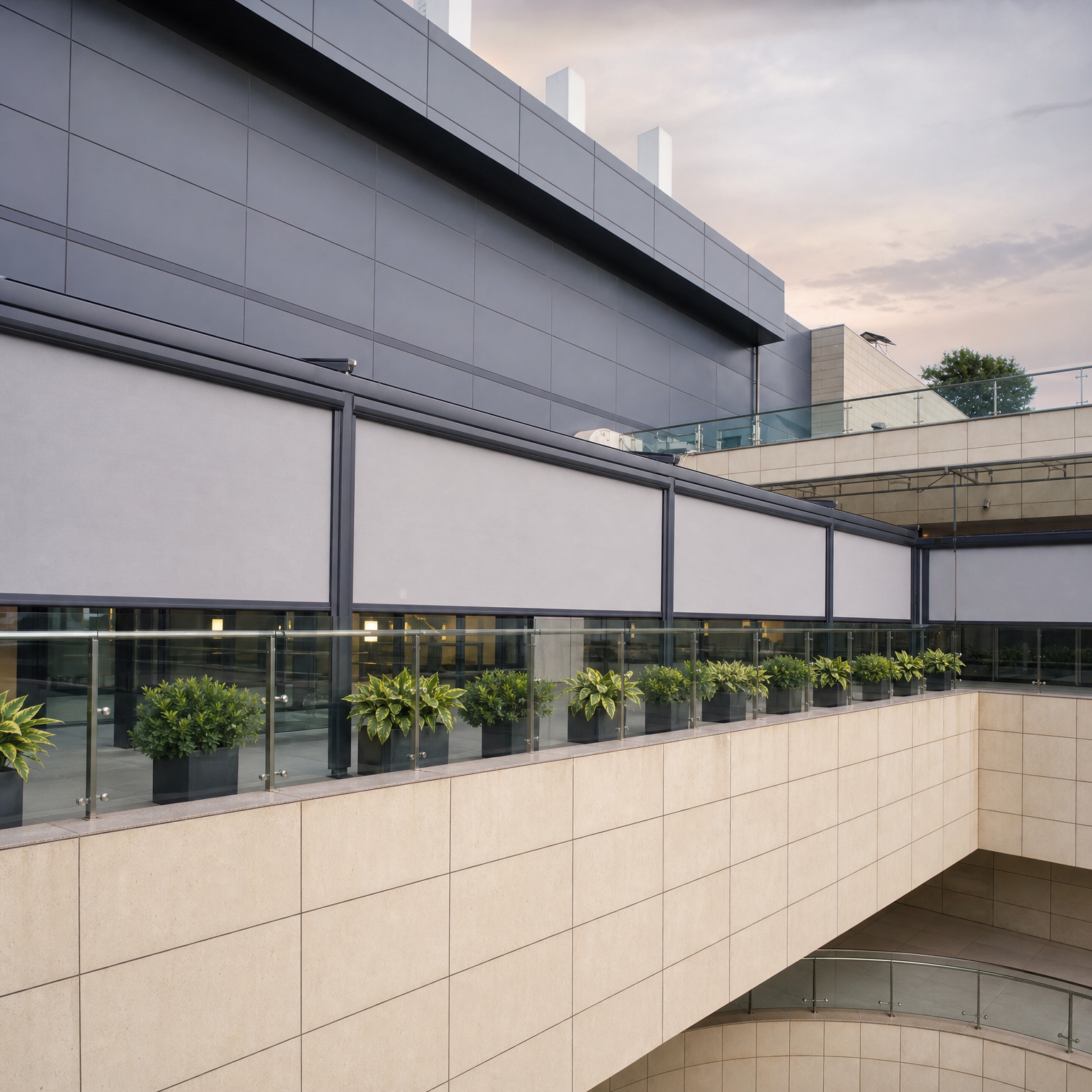 Windproof roller shade used on a commercial terrace