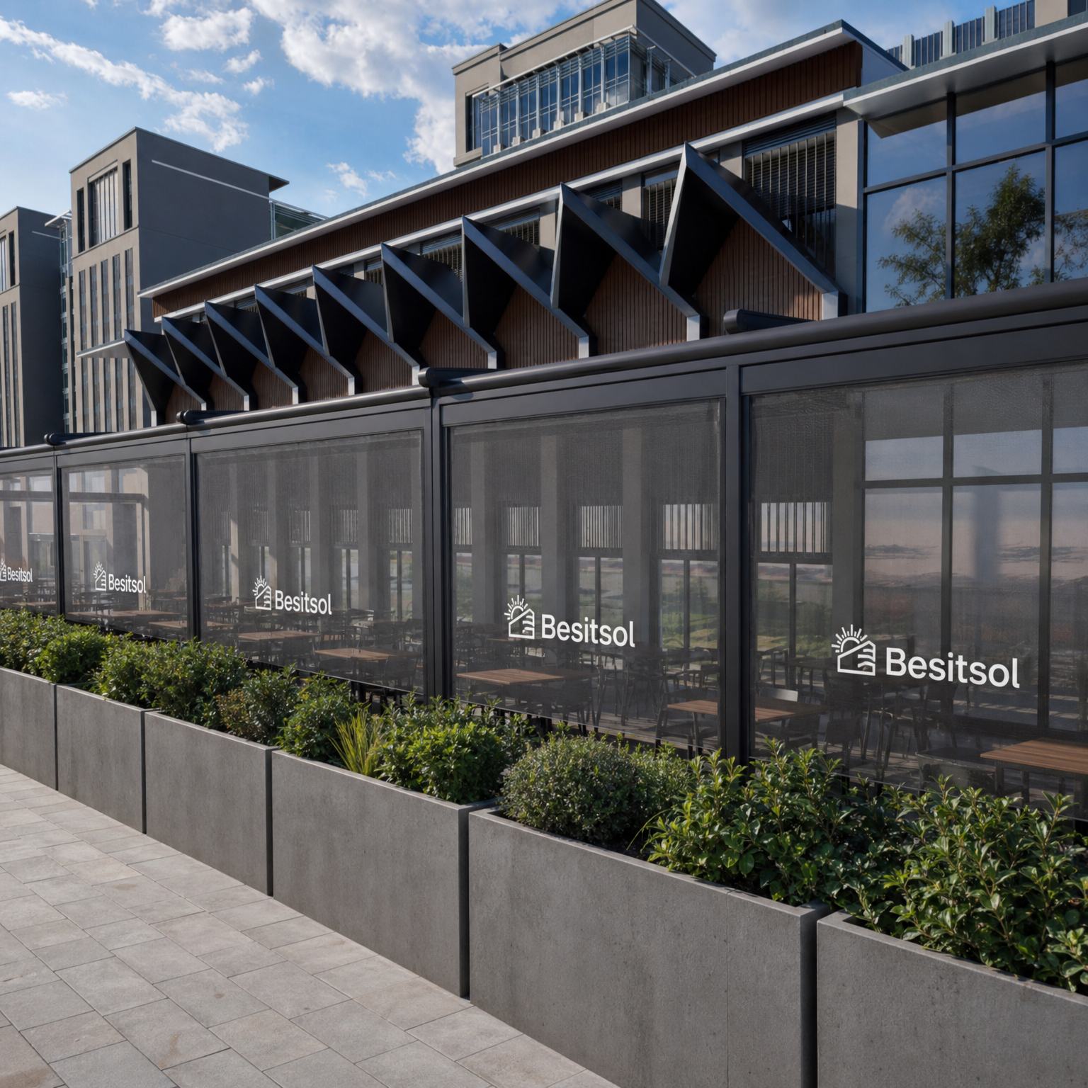 Motorized exterior roller shades for a hospitality project