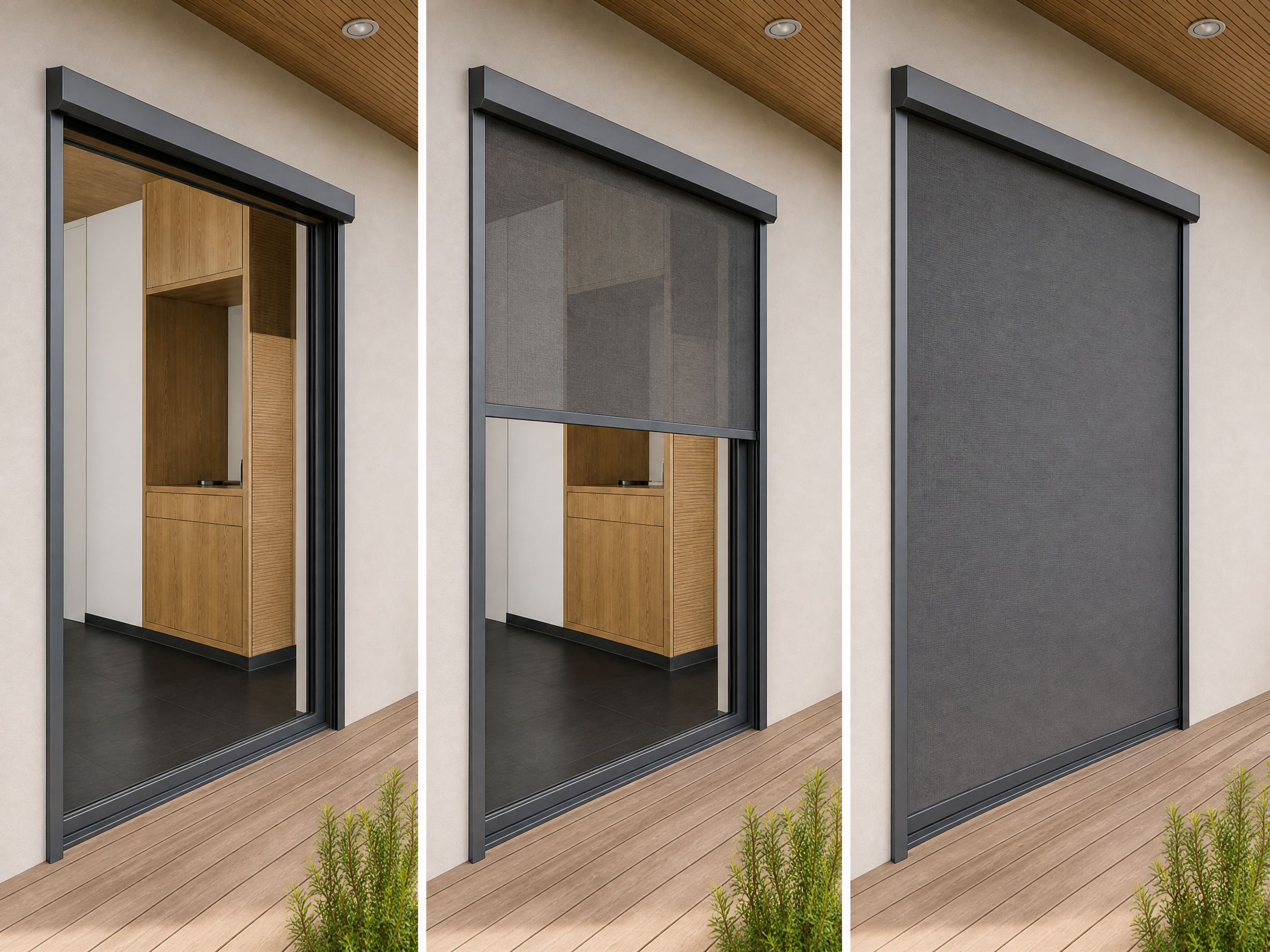 Motorized windproof roller shade shown open and lowered