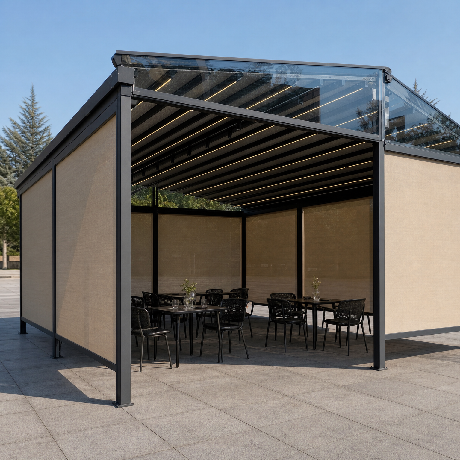 Motorized roller shades installed along a pergola side
