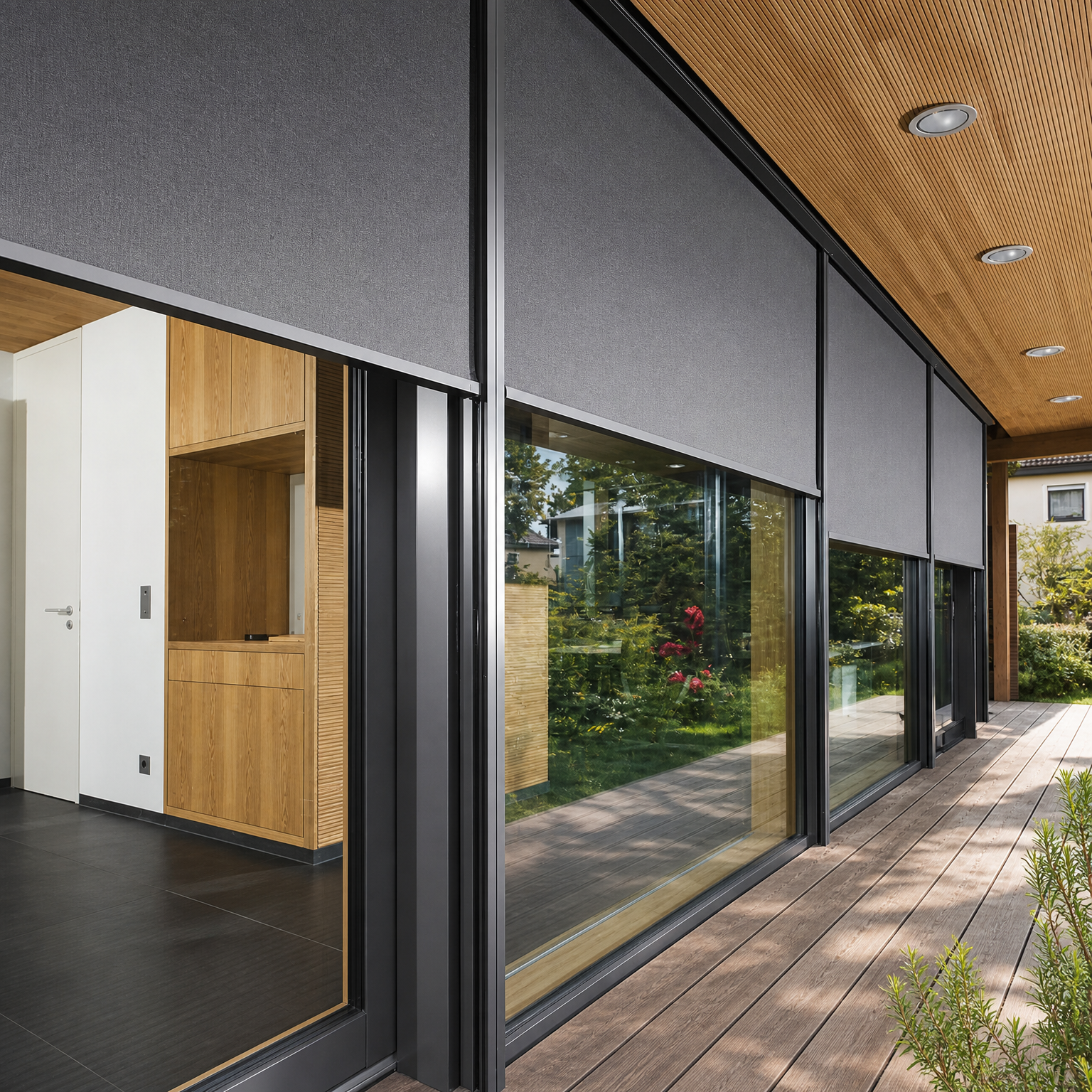 Guided outdoor roller shades enclosing a residential corridor