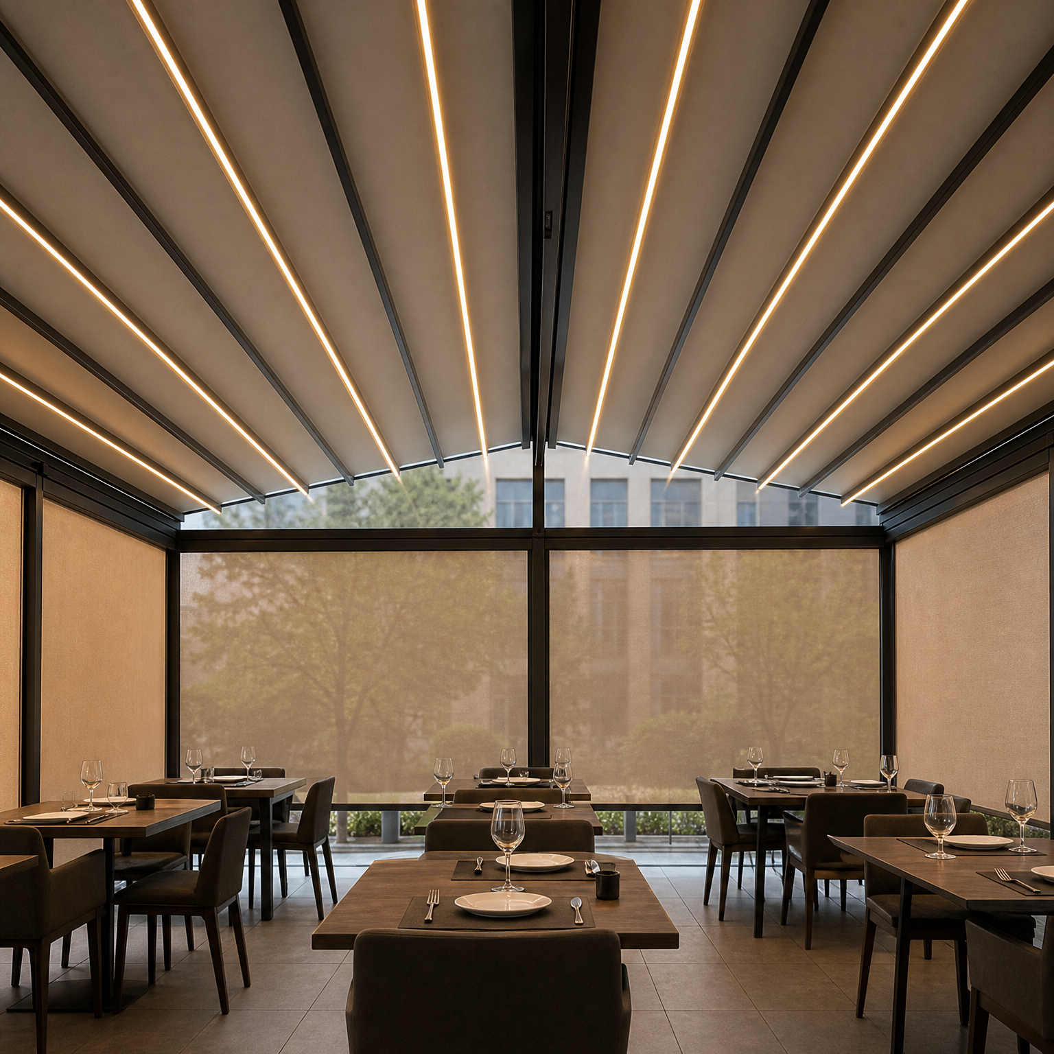 Guided roller shades controlling light in a restaurant setting
