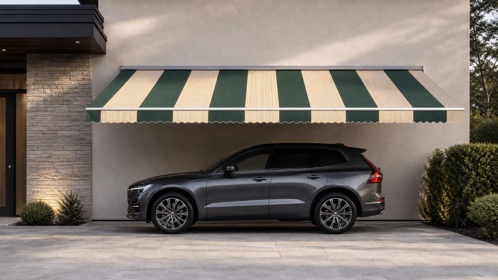 Retractable awning used as shade above a parked vehicle