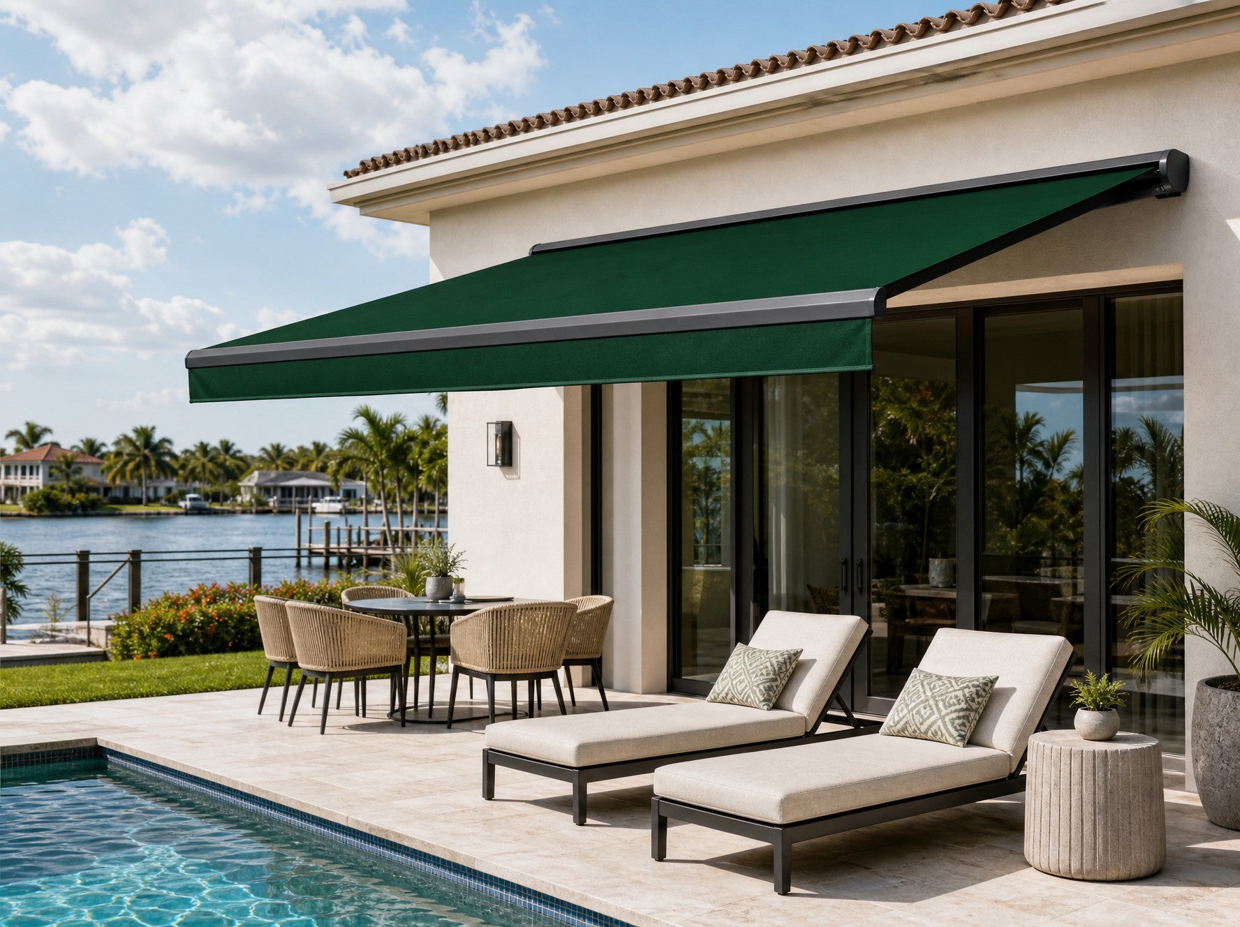 Retractable awning beside a poolside lounge area