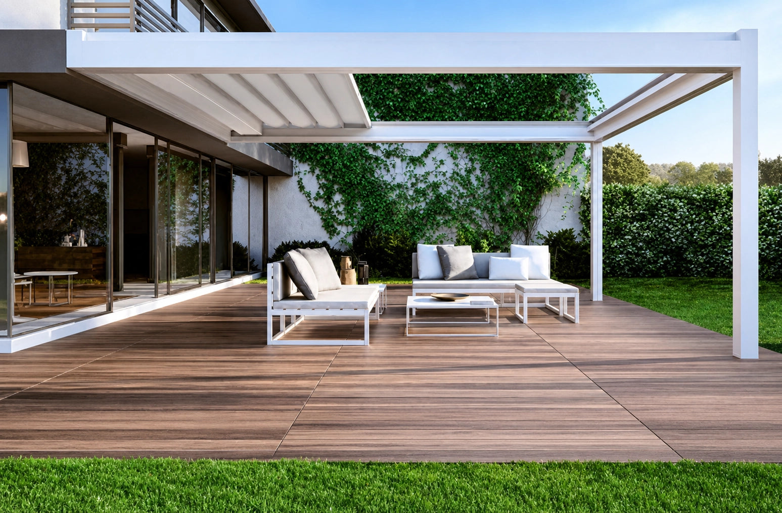 Villa patio concept balancing shade, daylight, and garden views.