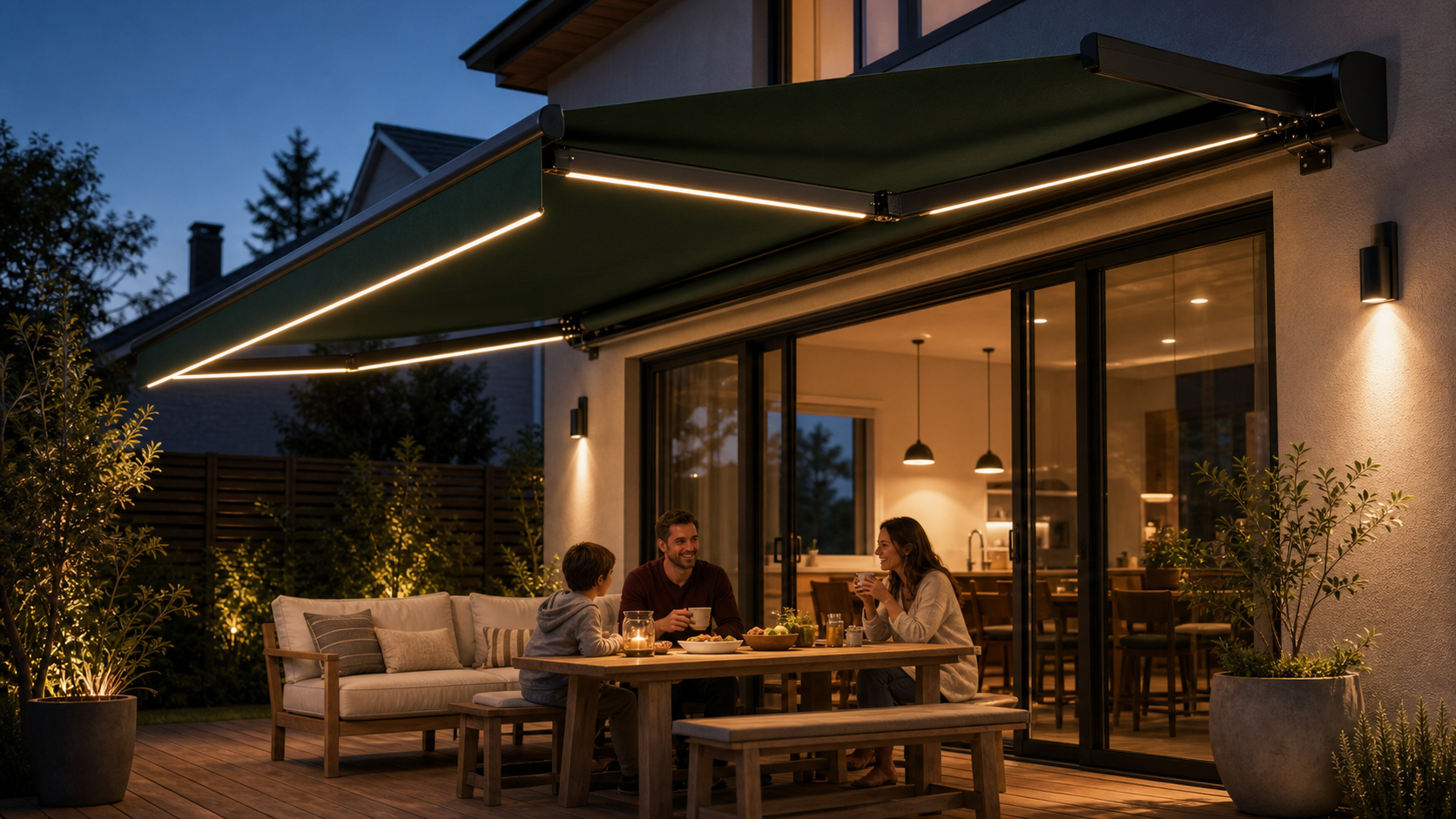 A380 retractable awning with warm LED lighting over an evening patio