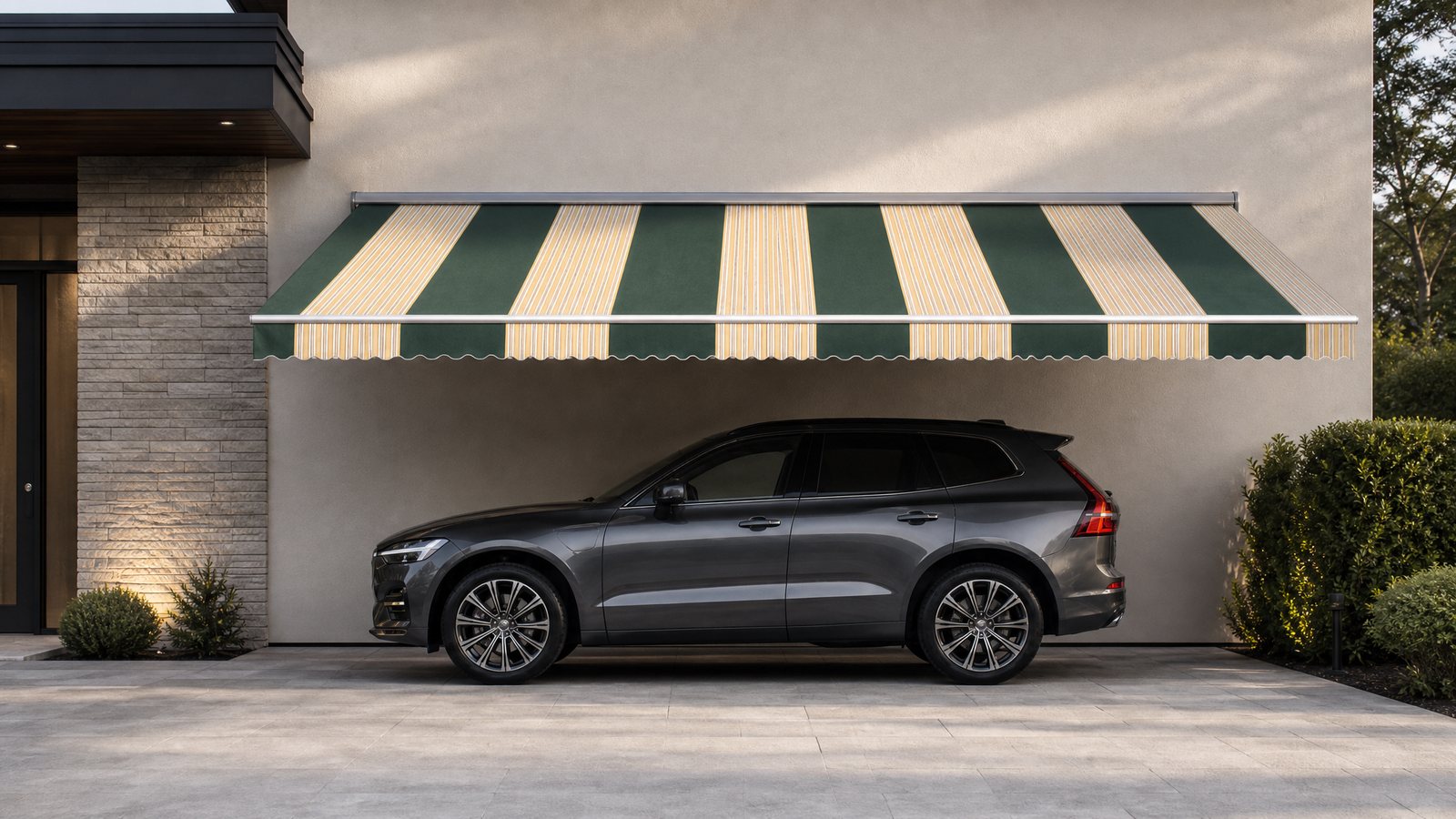 Retractable awning used as shade above a parked vehicle