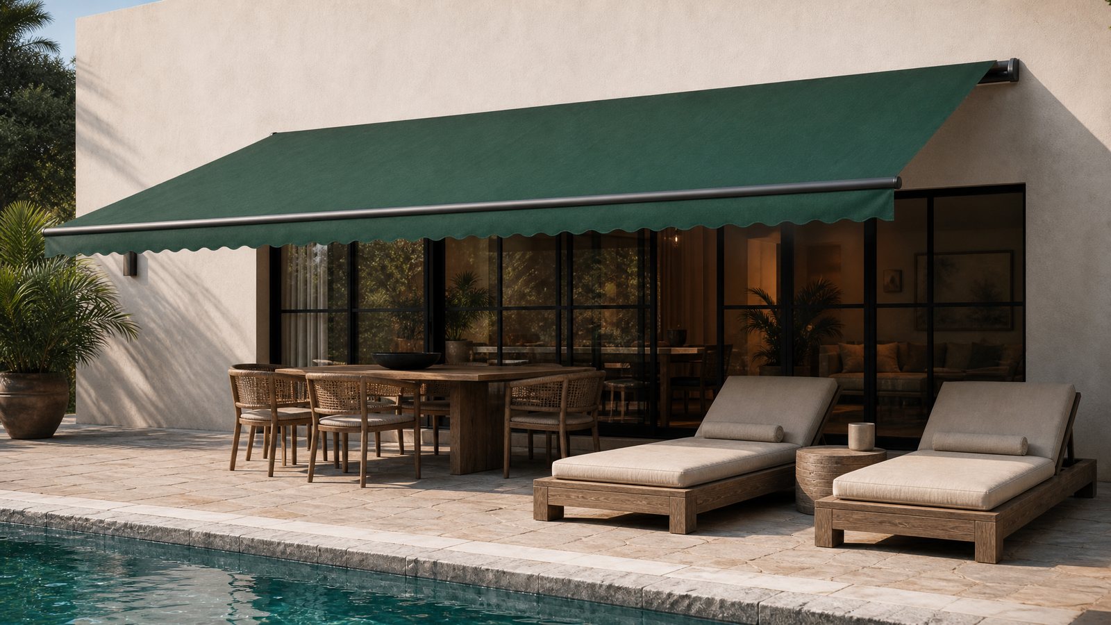 Retractable awning beside a poolside lounge area