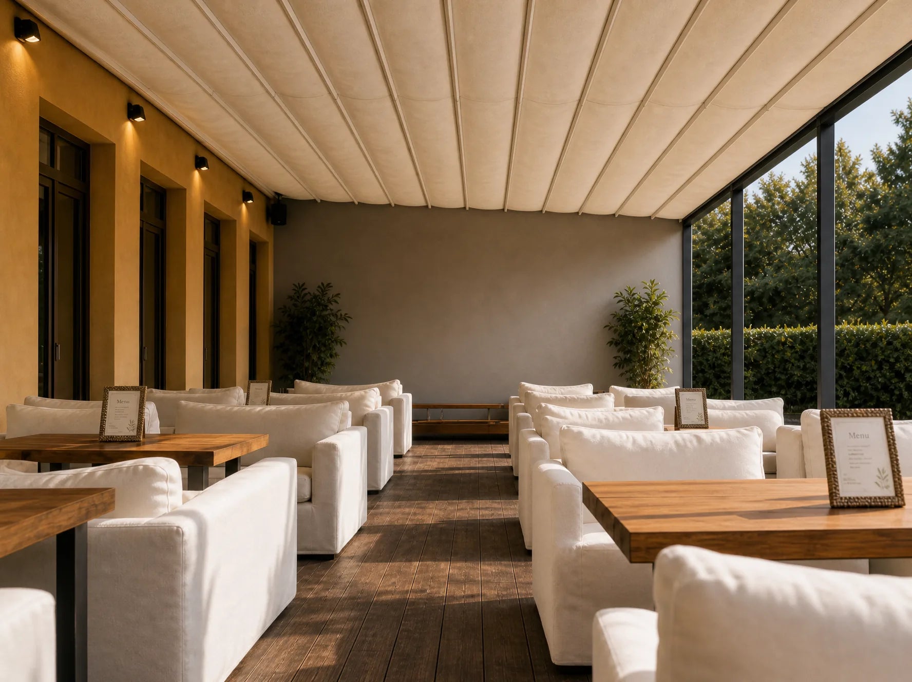 T700 retractable roof shading a restaurant terrace with commercial seating
