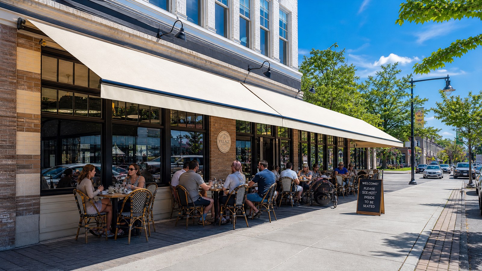 Wide-span retractable awning over commercial outdoor seating
