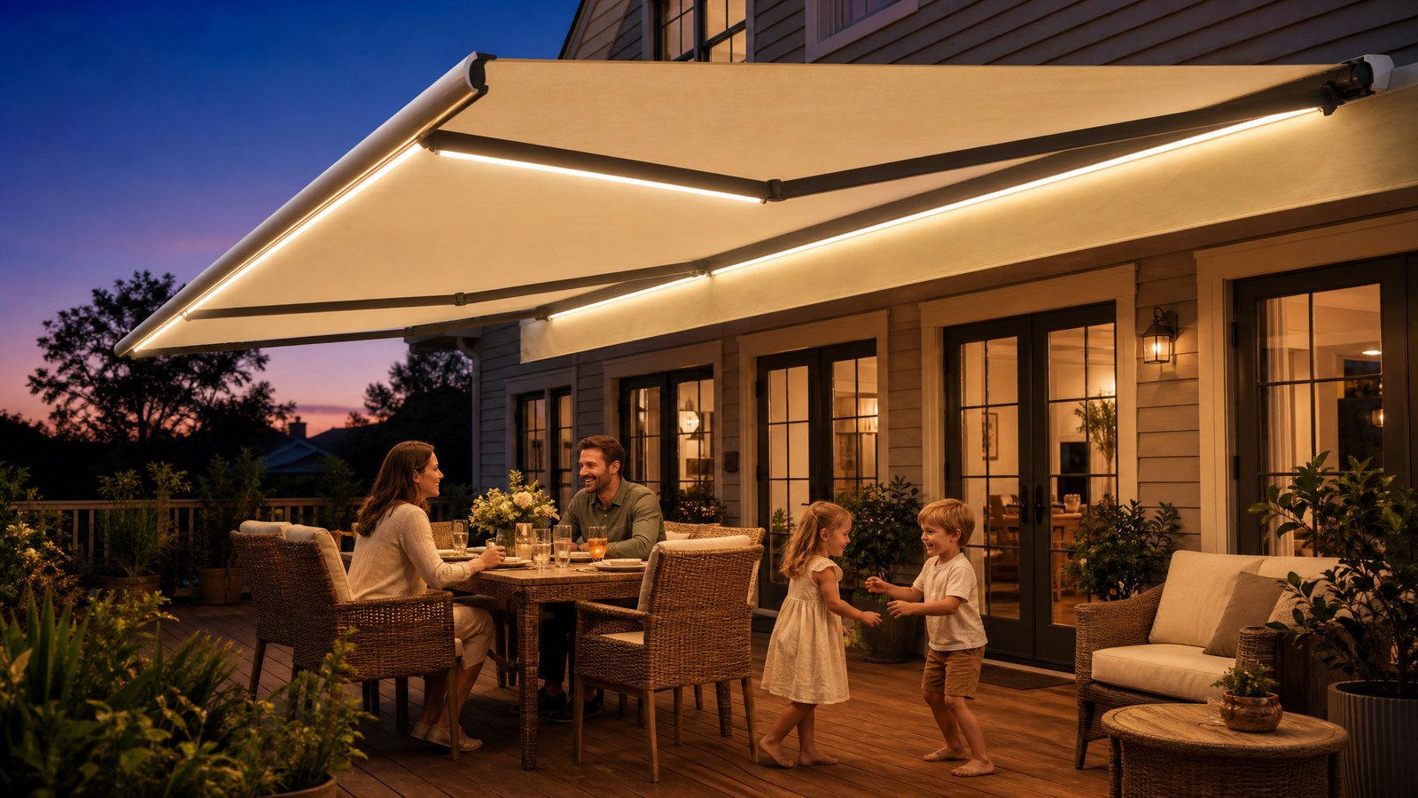 Retractable awning with warm LED lighting for evening outdoor dining