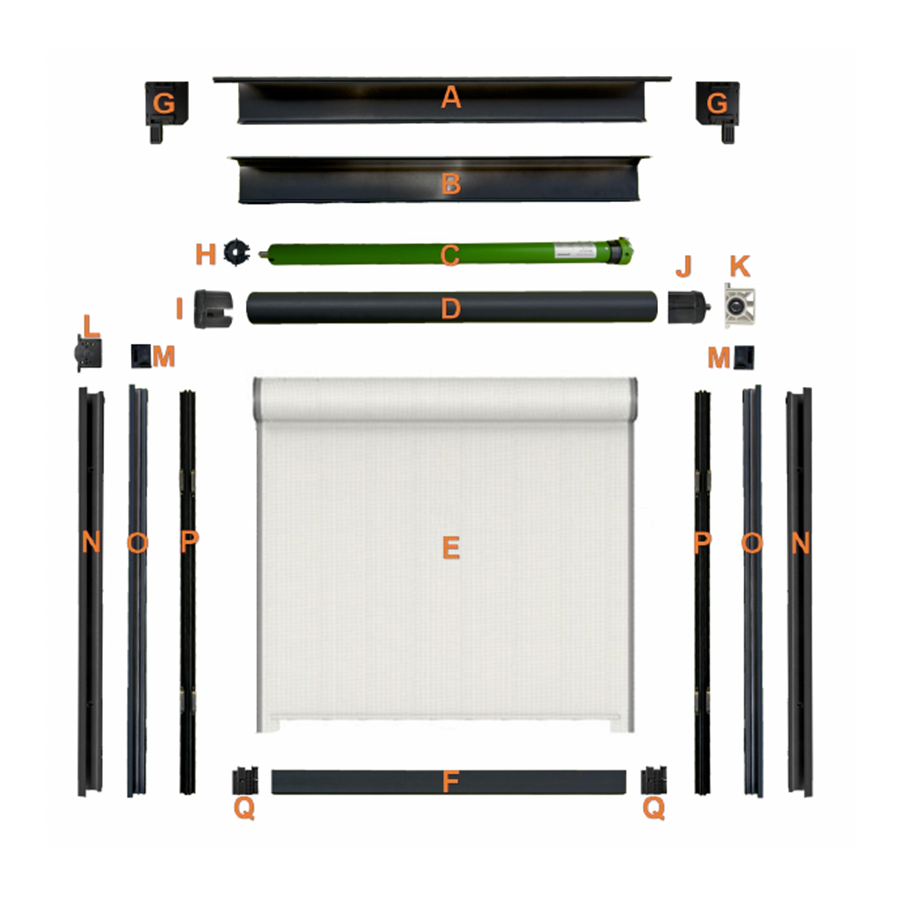 Exploded component view of the motorized windproof zip screen system