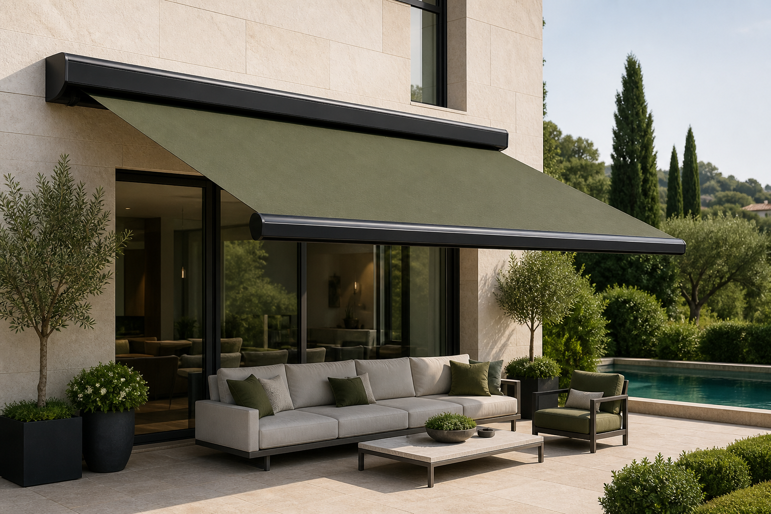 Wall-mounted retractable awning over a residential patio